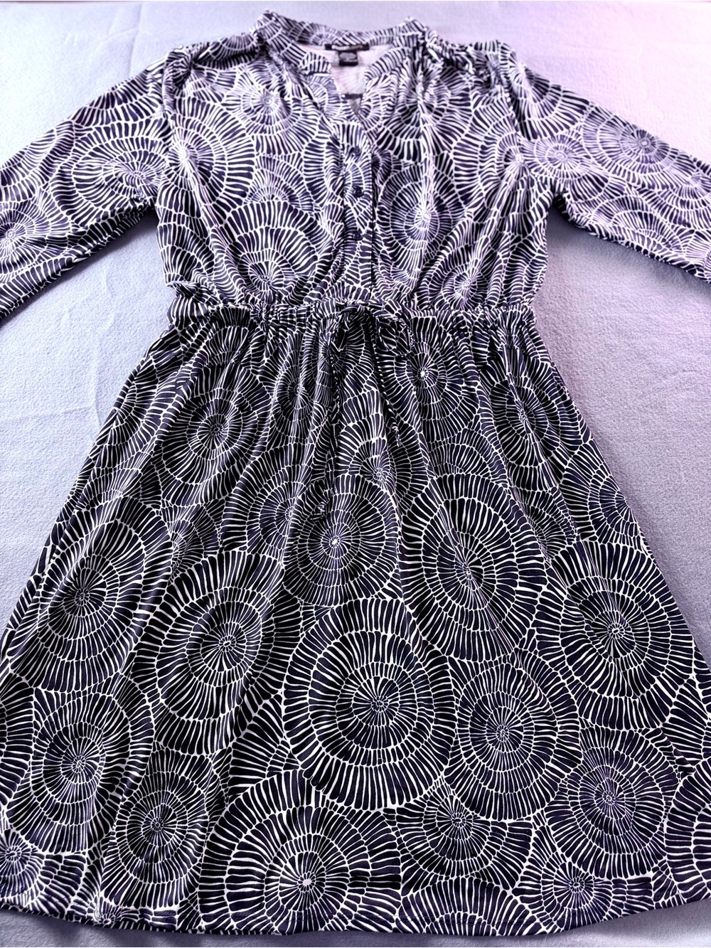 Robert Louis Navy White Abstract Print Drawstring Waist Dress L